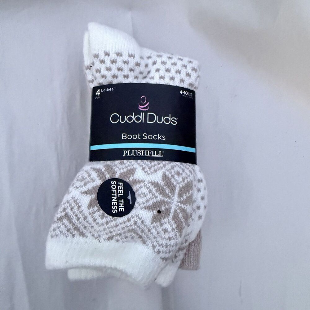 4-PACK Cuddl Duds Plushfill Comfort Boot Socks Ladies 4-10 IVORY GRAY NEW